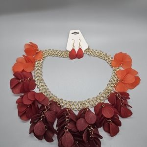 Fashion Jewerly Gold Chainlink Red Orange Burgundy Leaf Necklace & Earring Set